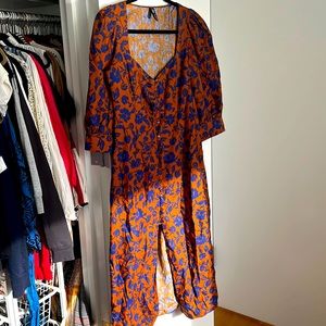 Zara’s limited-edition Poplin Midi dress in brown and blue floral print